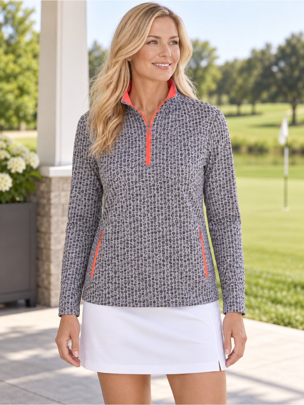 Birdie Bound Heathered Gray Quarter-Zip Pullover with Orange Trim Cocktail Print